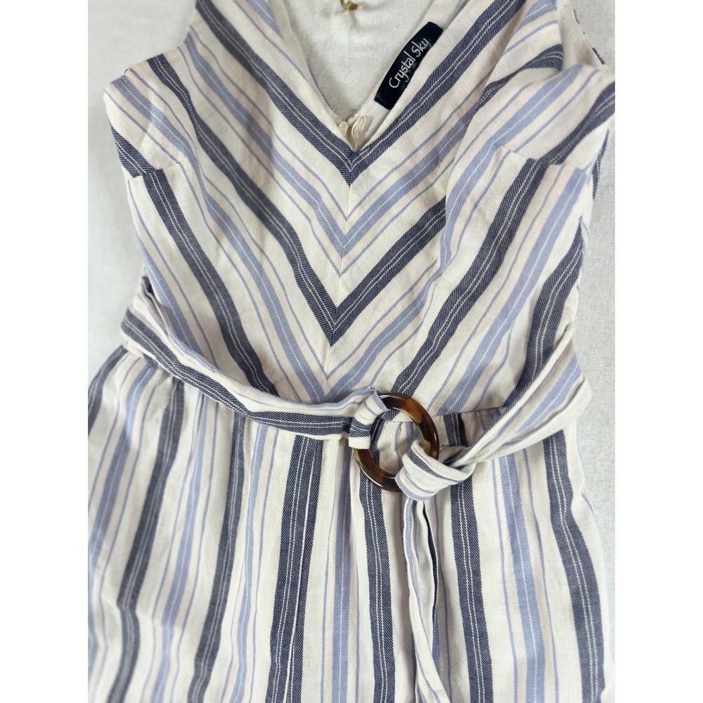 Crystal Sky Striped Wide Leg Jumpsuit Women's Small Belted Sleeveless Romper